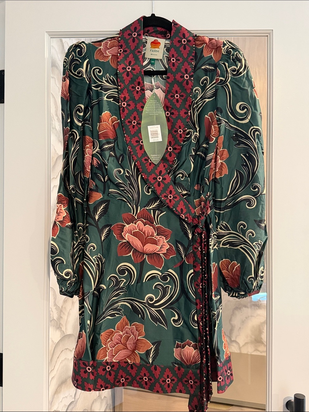 FARM Rio Dark Green Floral Wrap Dress with Coral Accents